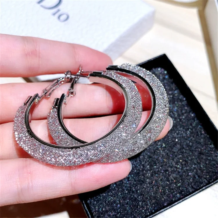 The New Silver Needle Earrings Exaggerated Trend Inlaid Rhinestone Large Circle Temperament Earring