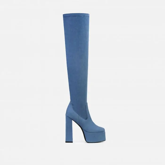 thick  heel  platform square toe  over knee high denim women or laddies  boots  blue jean boots