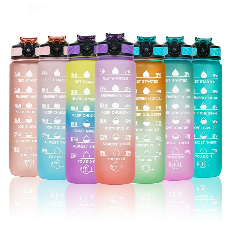 BPA Free 32 Oz 1000ml Plastic Sports Bottle Leak Proof 1 Liter Motivational Water Bottle with Time Marker