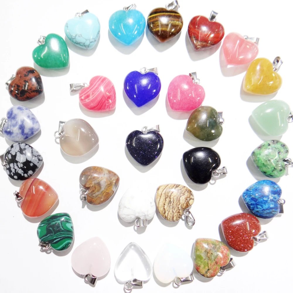 New 3cm 30mm natural semi-precious stone jewelry rose quartz crystal agate love heart charm pendant healing necklace for lucky