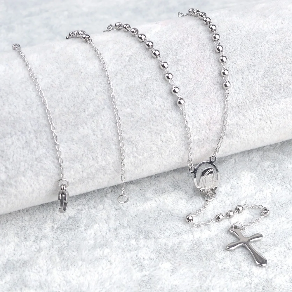 Catholic Prayers Stainless Steel with Virgin Mary Engraved Religious Women Necklace Rosary