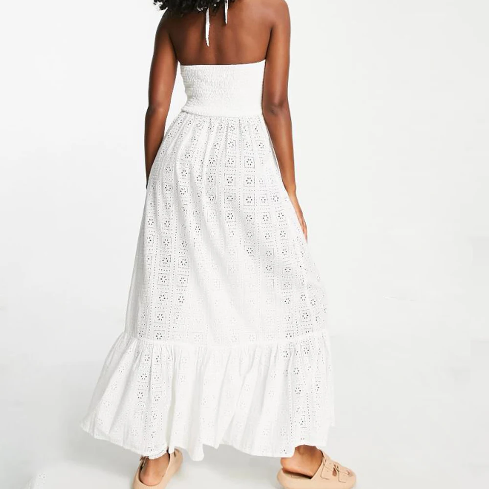 Ladies Lace Sleeveless Beach Long Dress 2023 Fashion Summer White Sling Dress Hollow Out Women