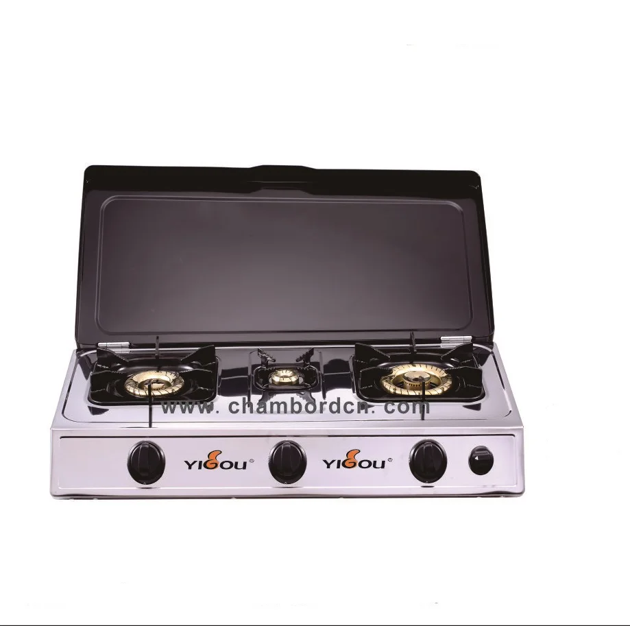 
Home Table Stainless Steel Panel Cast iron burner 3 Burners Gas Cooktop with Cover 