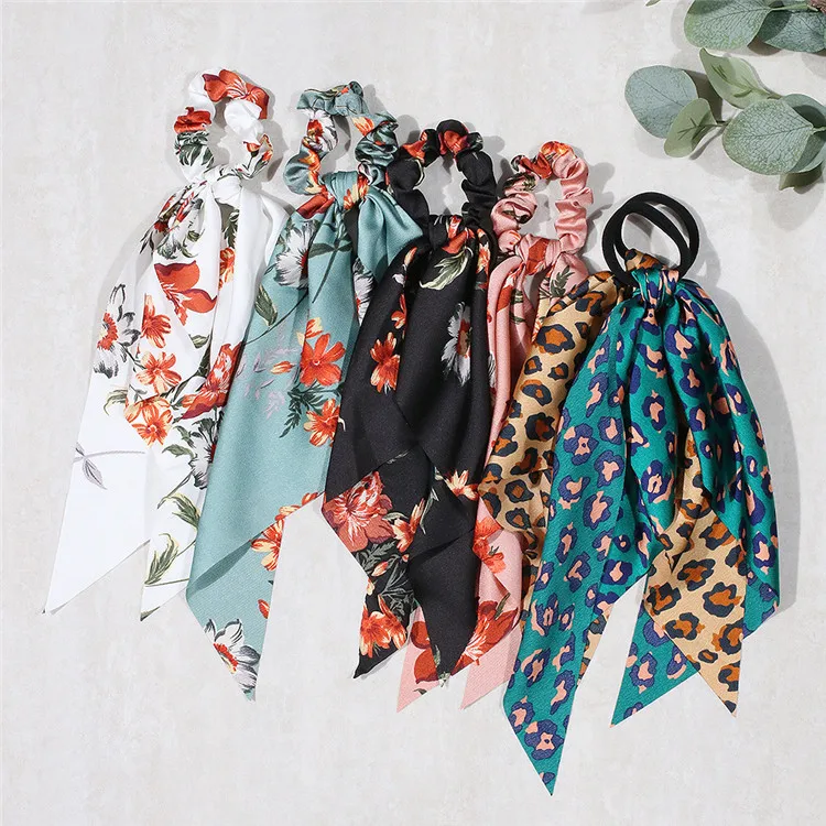 Wholesale Popular Printing Long Ribbon Bow Elastic Hair Scrunchies Silk Hair Scrunchies Hair Ties