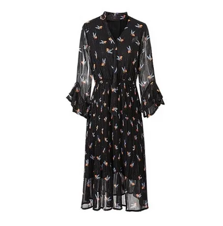 2020 Spring Summer V Neck Floral Elastic Waist floral Print Dress Midi