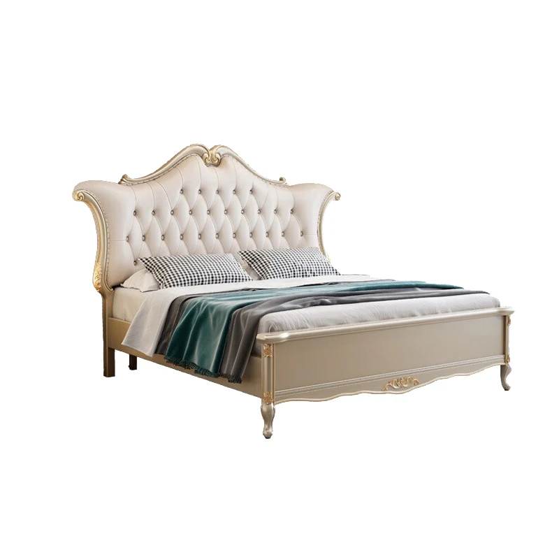 European Style Bed Master Bedroom Leather French Luxury Solid Wood Bed Frame King Size Wedding Bed For Home Hotel Furniture