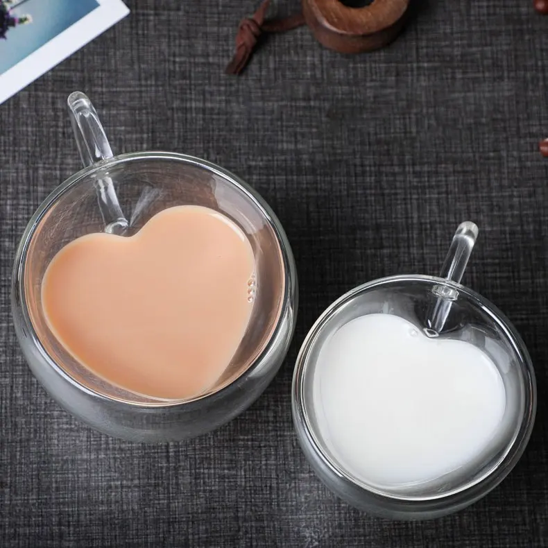 2022 newly arrival Double Wall Insulated Borosilicate Glasses creative love heart cups Glass Coffee Glass Tea Cup Mug