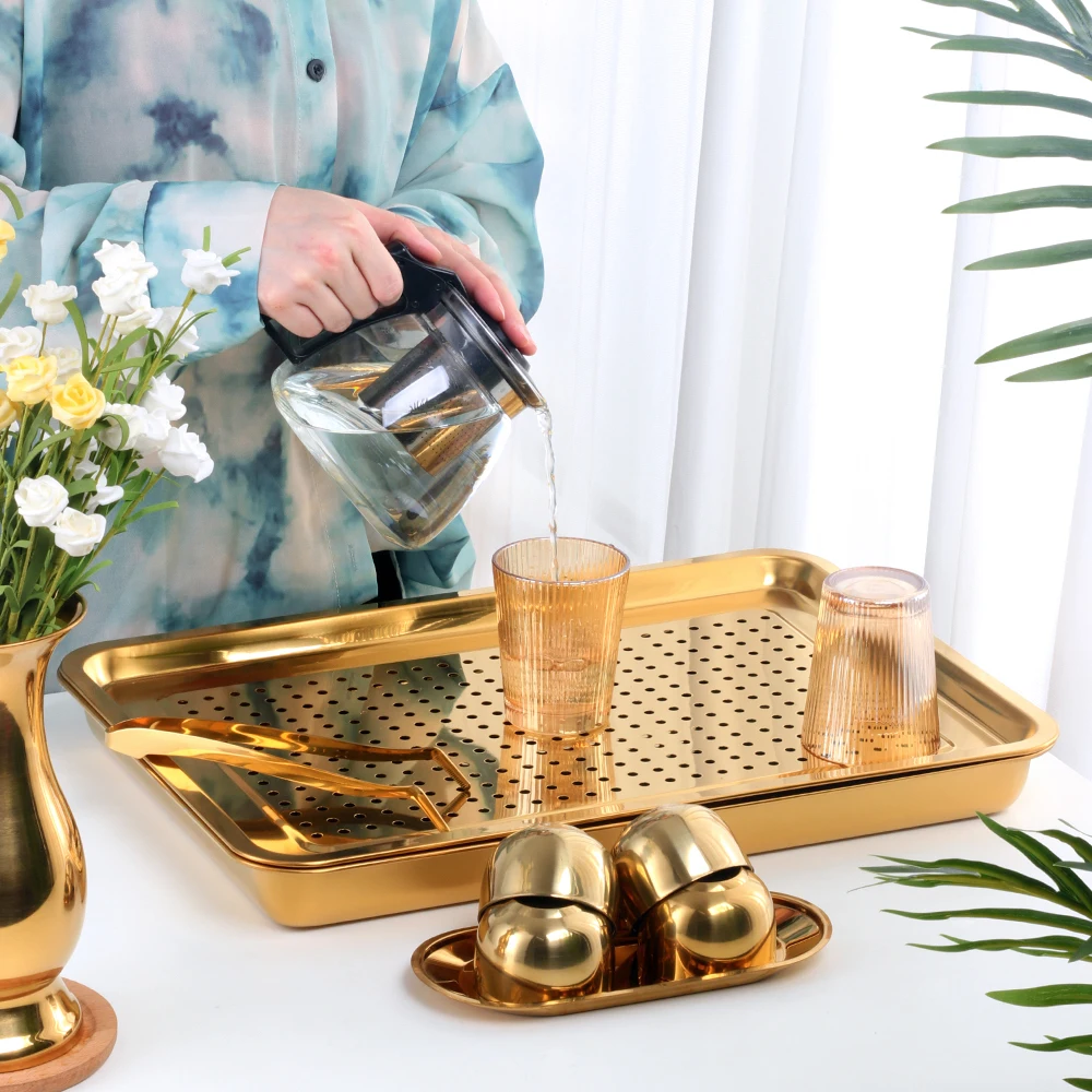 BAISHI Metal Drainage Tray Stainless Steel Rectangular Tea Tray Serving Tray With Holes