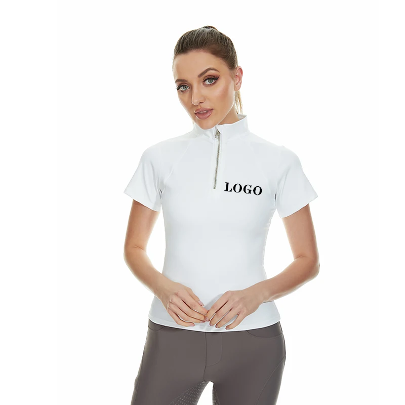 Customized Logo Hangtag White Lady Spandex Tops Riding Short Sleeve Equestrian Collared Shirts For Women