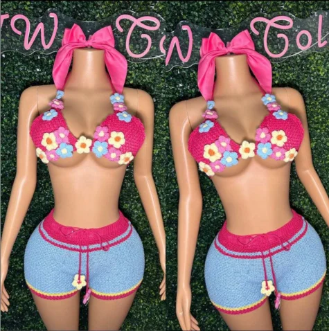 Sexy Women Halter Backless Crop Top+ Mini Knitted Short Flower Vacation Wear Hair Bow Summer 3 Piece Short Set
