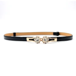 Women Belt Thin Skinny Metal Gold Elastic Buckle Waistband PU Leather Waist Belt