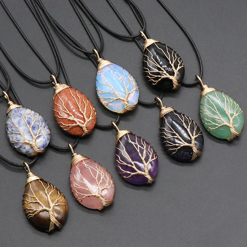 Hot Selling Natural Healing Crystal Waterdrop Shape Agate Semi-Gem Tree Of Life Winding Pendant Necklace for Yoga Jewelry