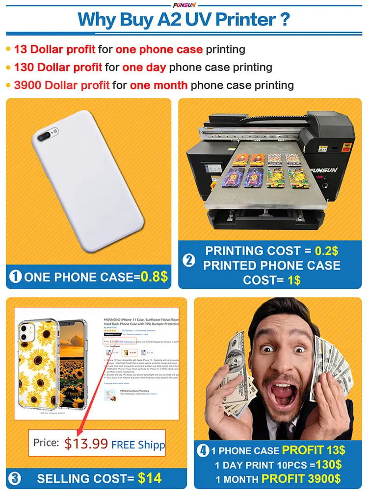 Funsun New A2 UV Printer Phone Case PVC Glass Leather Wood Flatbed UV Printer for All Flat and Cylindrical Wholesale