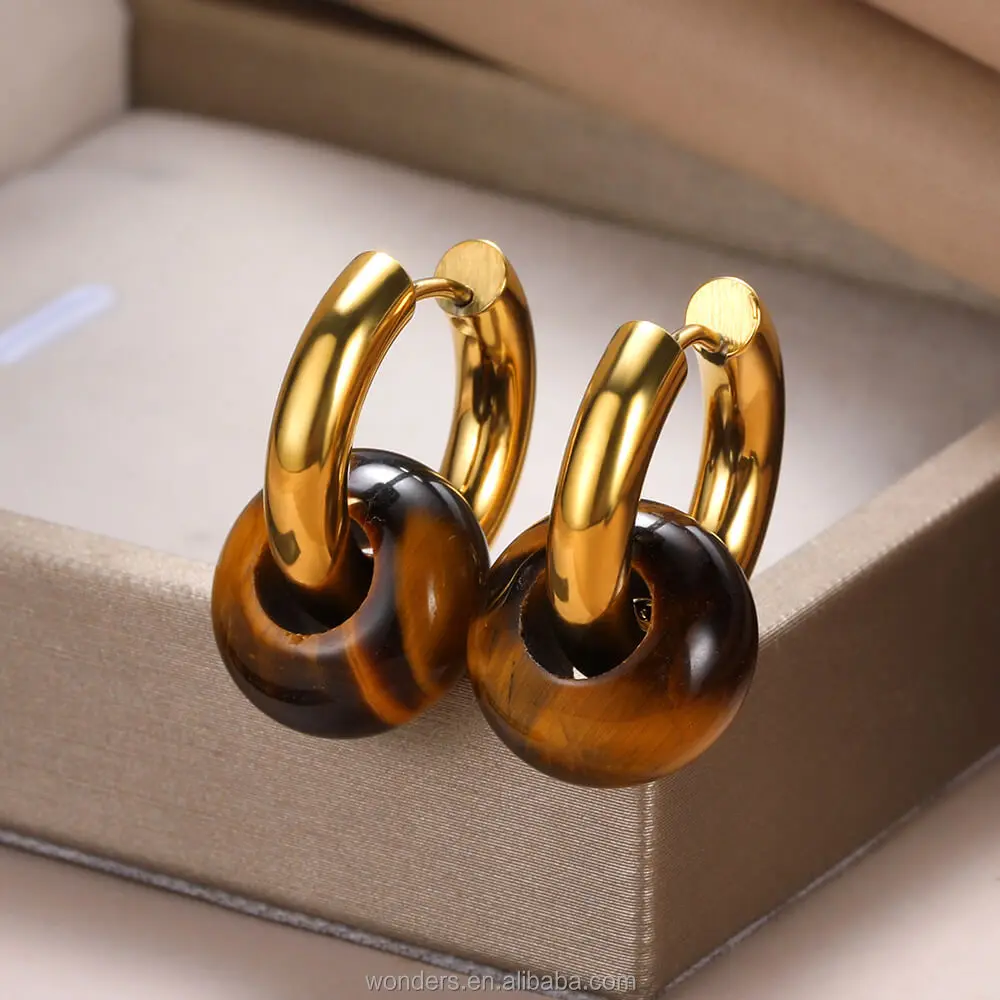 White Natural Stone Donut Chunky Hoop Earring For Women Round Beads Hanging Earrings Travel Party Jewelry Gift