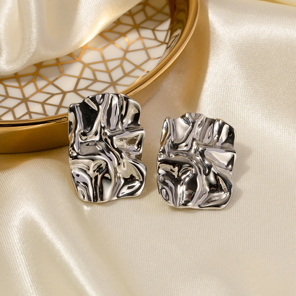 Factory Hot Sales Stainless Steel Stud Earrings 18K Gold Plated Square Wrinkled Stud Earrings For Women