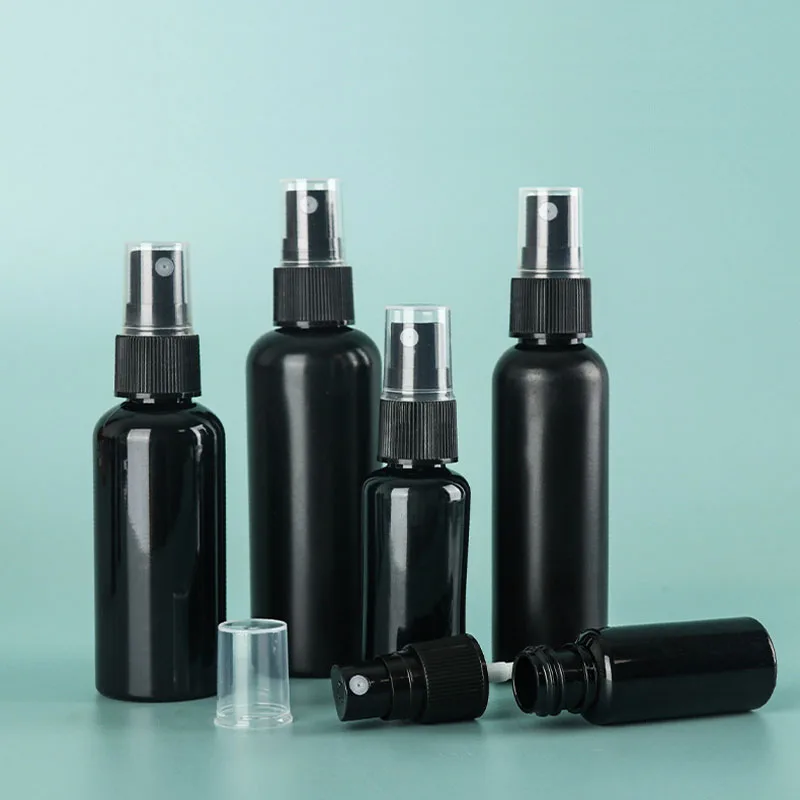 Stock 20ml30ml50ml60ml100mlPET Round fine mist spray bottle Plastic container packed Black cosmetics Custom logo pump sprayer