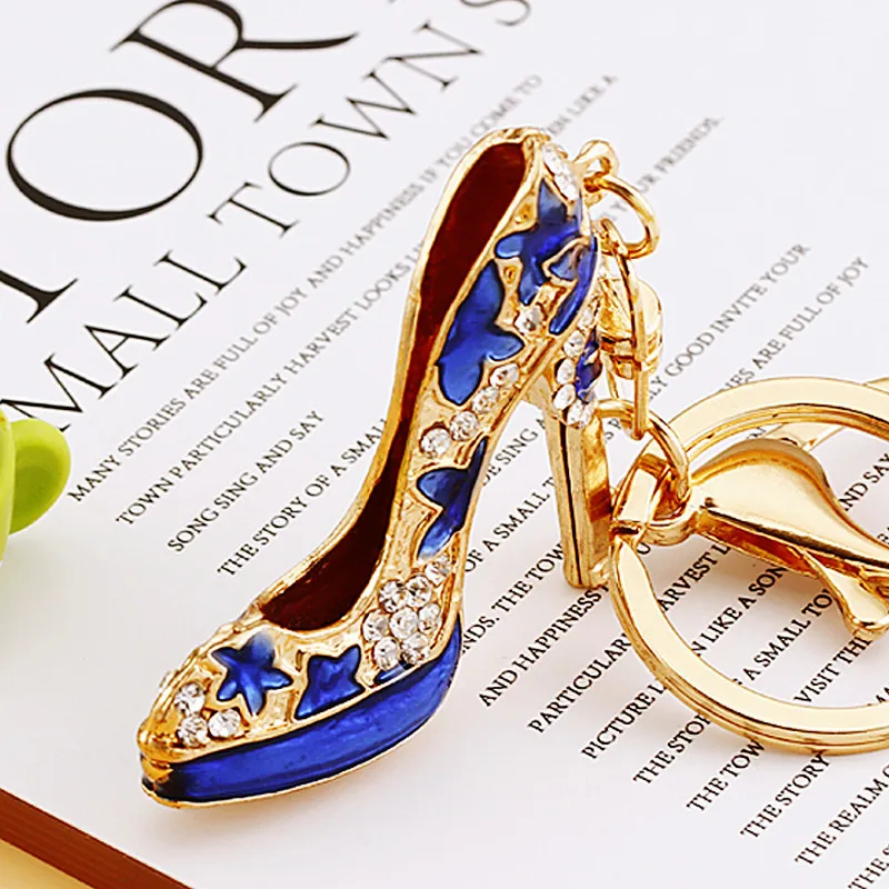 Custom Creative Gift Rhinestone Shoe Keychain Luxury Gold Metal Bag Pendant Key Chain For Ladies