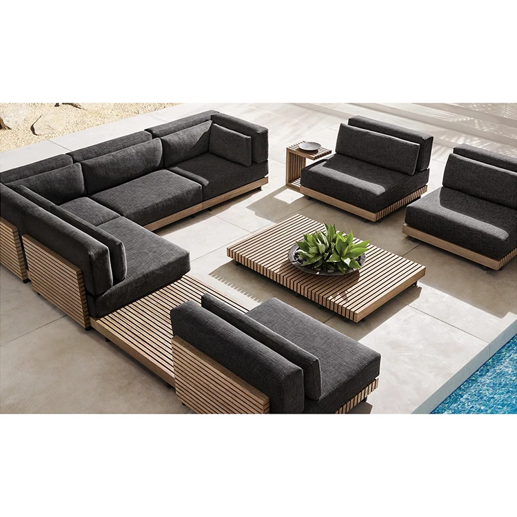 Hotel Patio Luxury Couch Backyard Outdoor Furniture Set Garden Teak Wood Sectional L Shape Sofa With Coffee Table