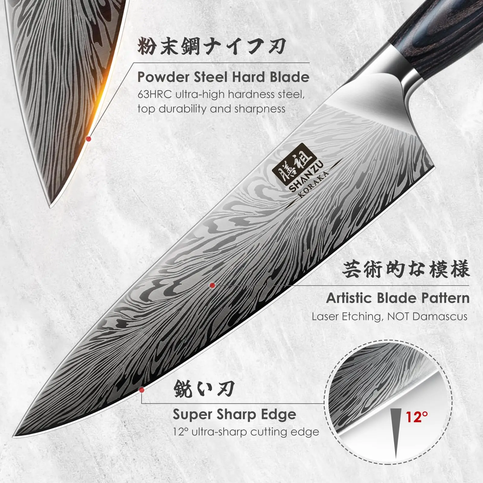 SHAN ZU 3PCS Kitchen Knife Set in Powder Steel Ultra Sharp Japanese Chef Knives Set High Carbon Steel Knives Sets