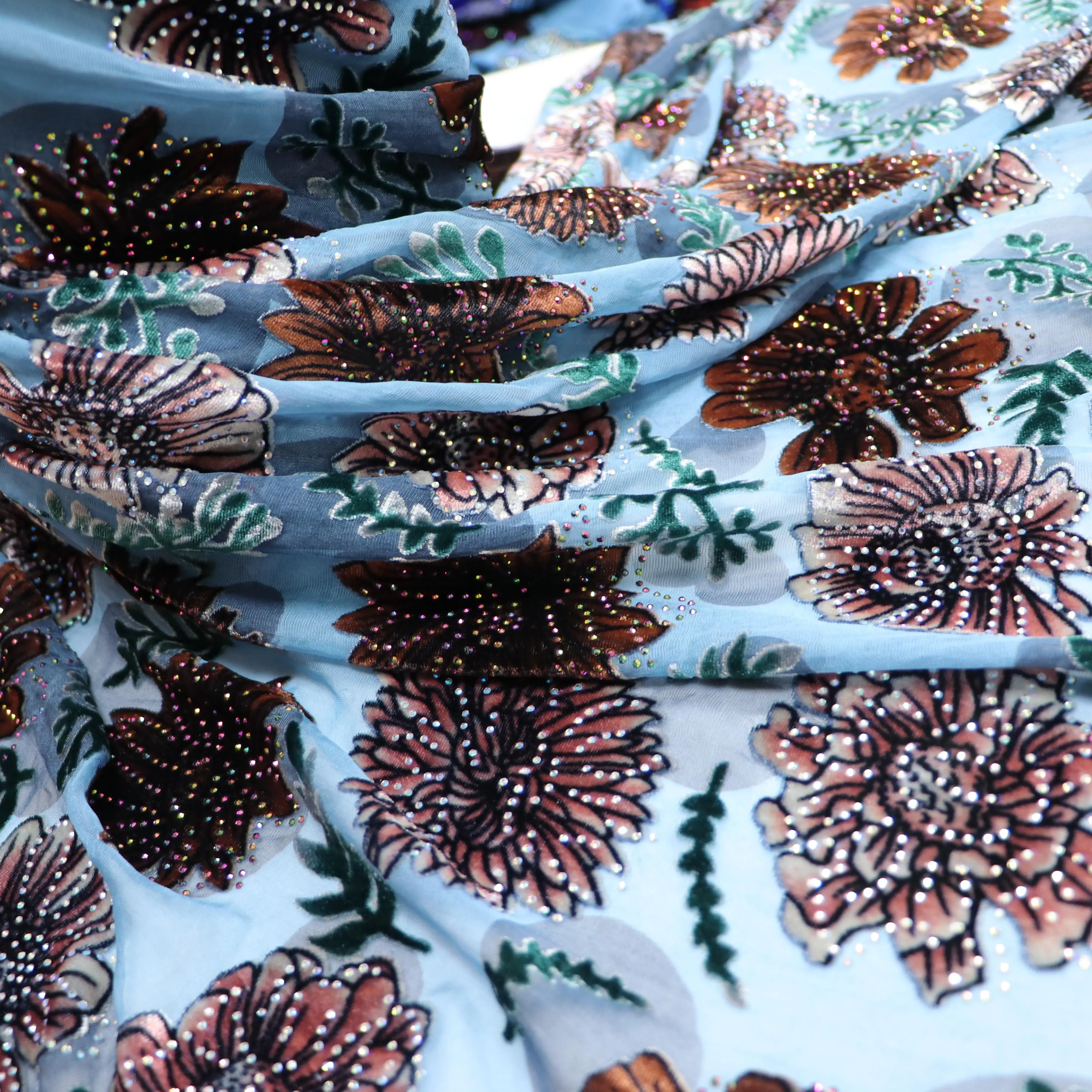 Soft Shiny  New Coming High Quality Diamond  Silk  Velvet Patch embroidery lace fabric for Luxury Lady Evening Clothes