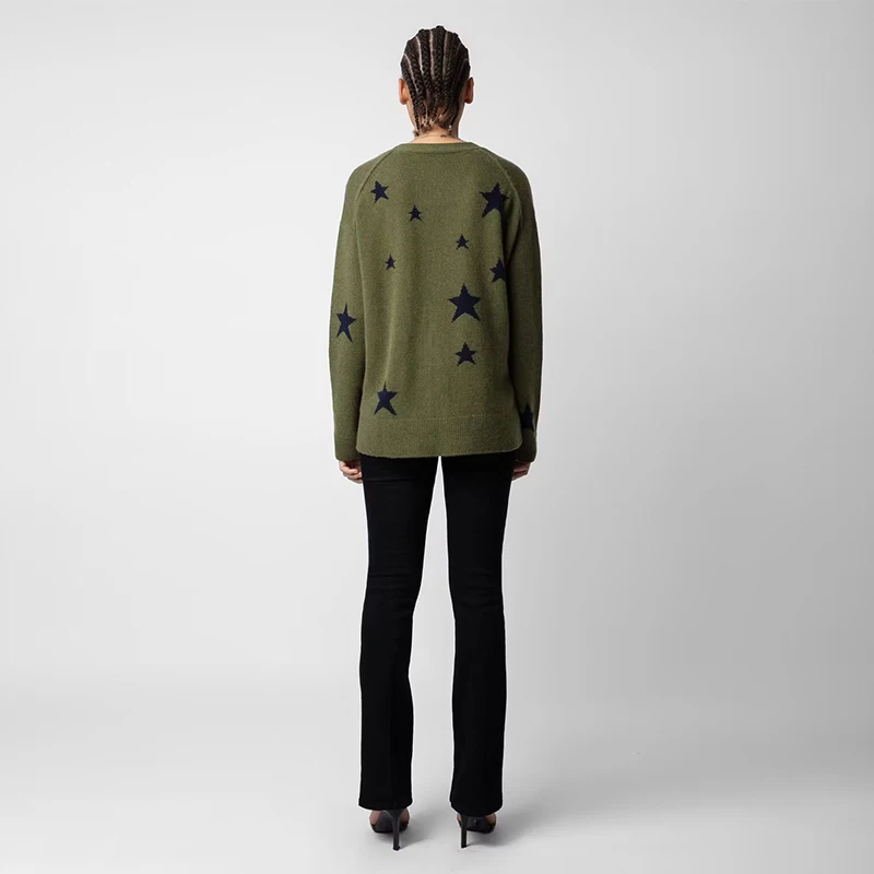 Factory Custom 12GG Star Pattern Warm Long Sleeves Cardigan Jacquard Sweaters Casual Knit Button Cardigan Coat Women Sweater