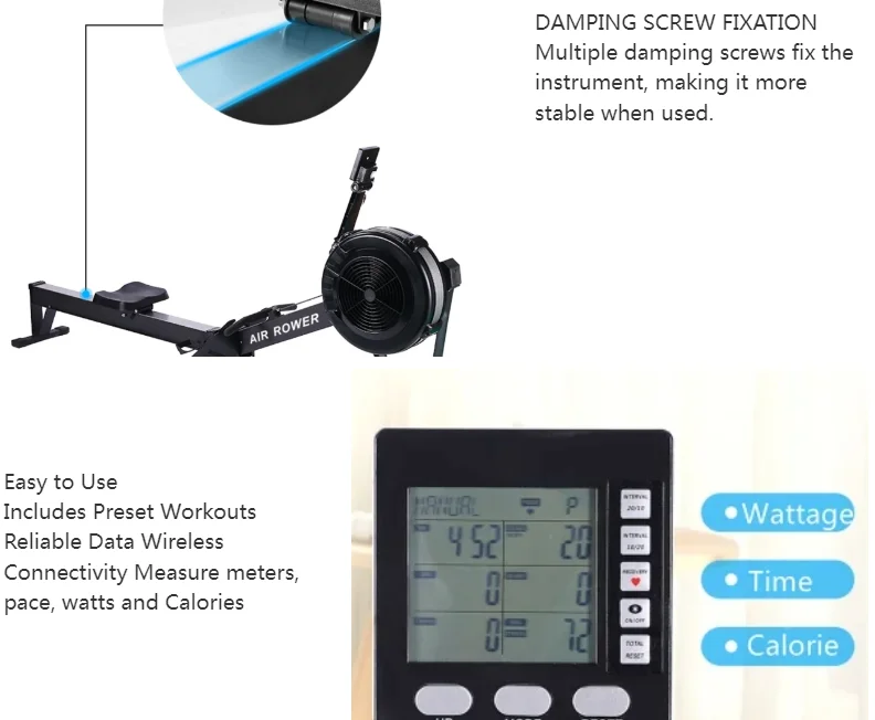 Gym Fitness Equipment Air Rower Machine With LCD Monitor Foldable Machine Exercise Air Rowing Machine