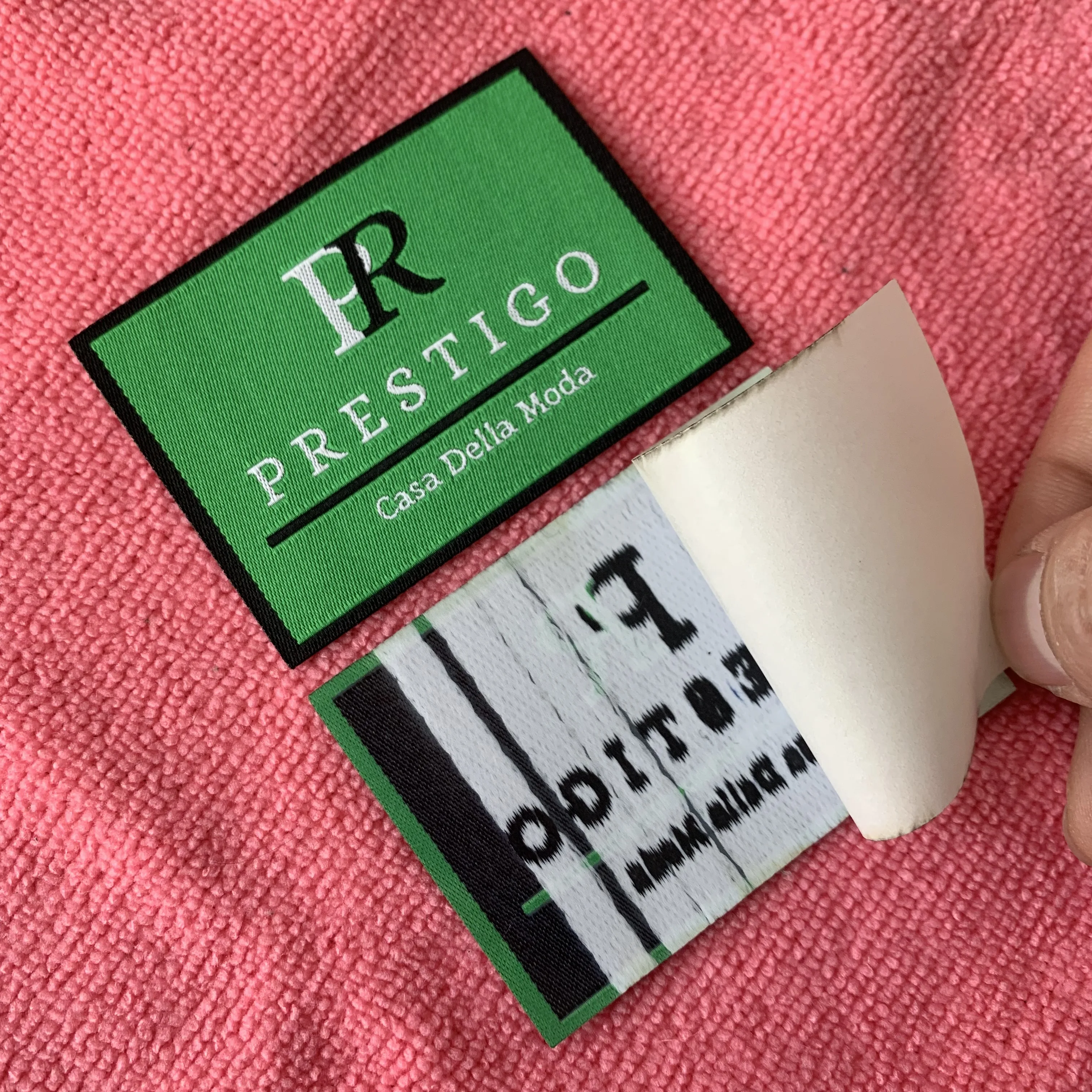 neat edge navy blue logo heat press woven label,high density iron on clothing label for belt