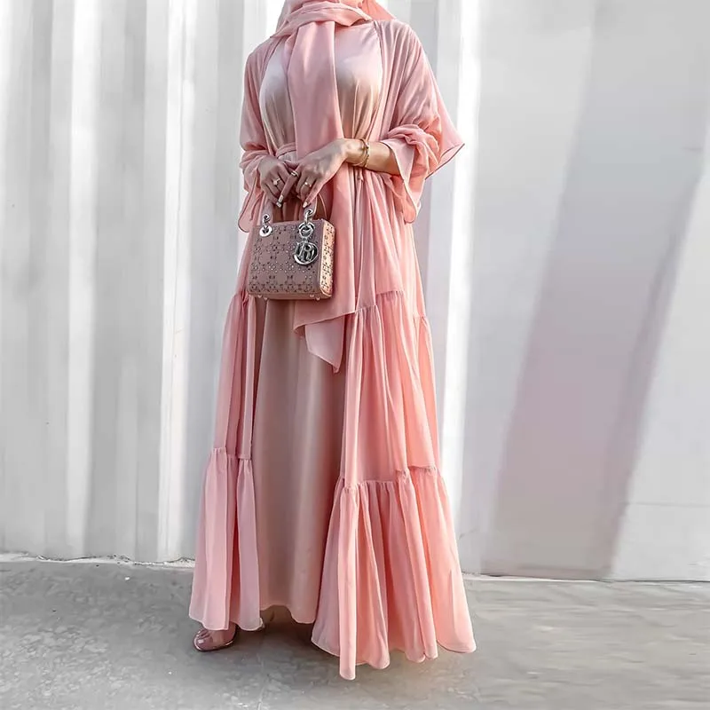 Premium Traditional Islamic Prayer Ethnic Clothing Arab Open Tiered Ruffles Chiffon Abaya Hijab Dress Dubai Muslim Ramadan Robe