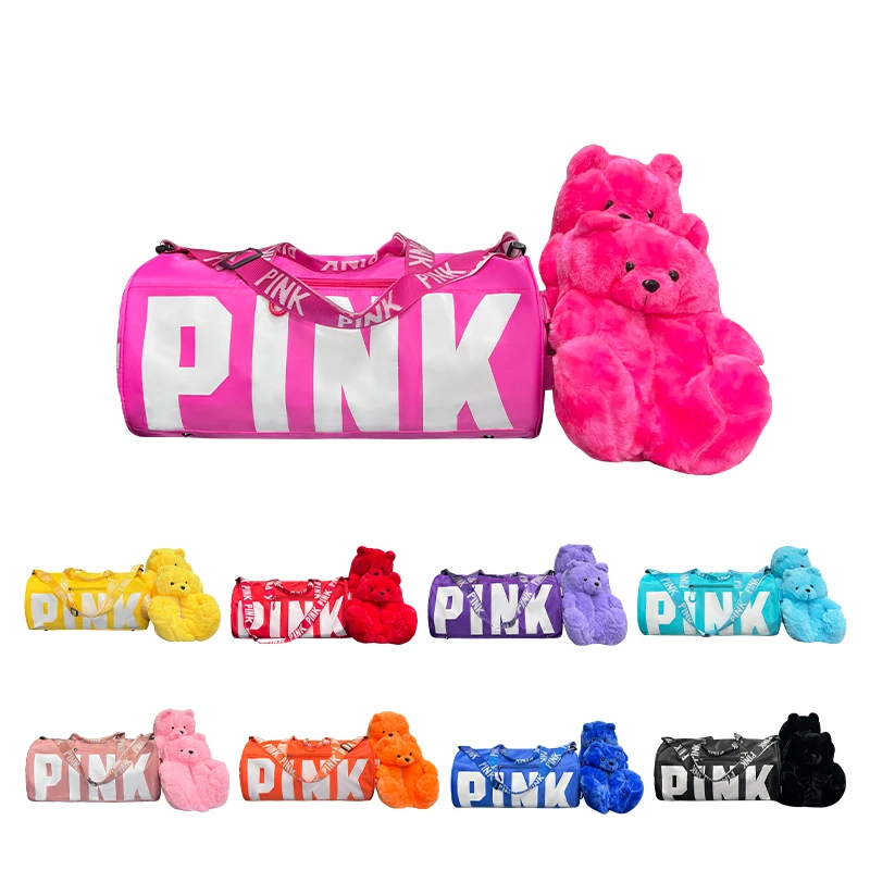 New Arrivals Plush Slippers Pink Bag Duffle Travel Set Spend The Night Weekender Gym Overnight Duffle Bag And Teddy Bear Slipper