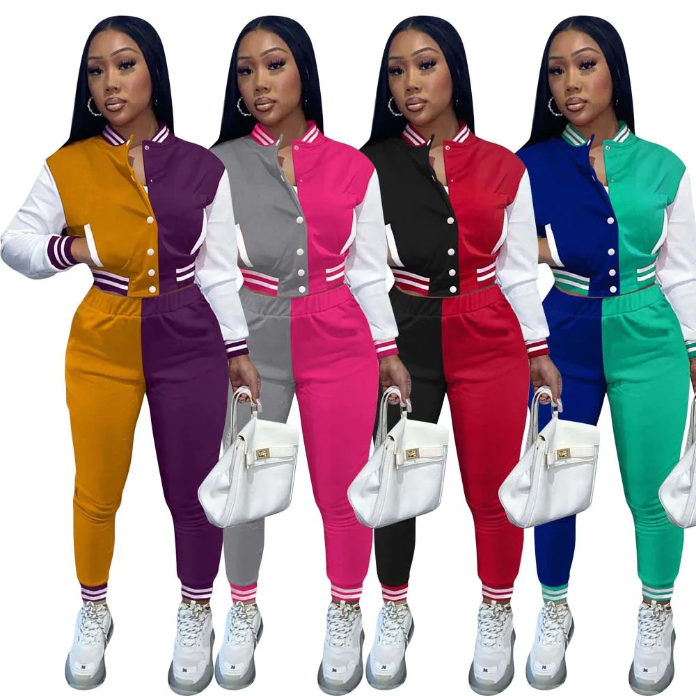 Women 2 Piece Outfit Color Block Crop Top Long Pants Tracksuit Jogger Sweatsuit Baseball Costume Set