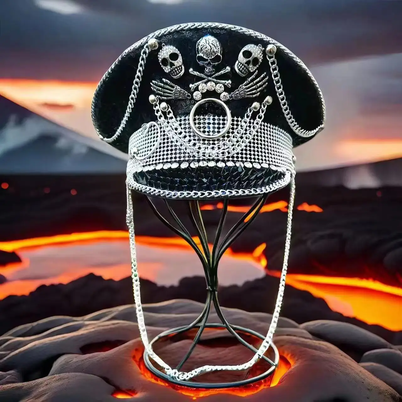 A Black Skull Pattern Chain Rivet Sequined Hat for Halloween, Bachelorette Parties, Adult Plush Halloween Female Polyester Fiber