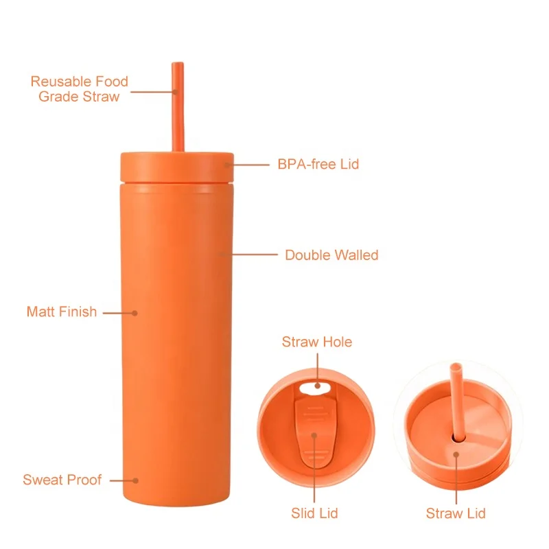 Customized 16oz Skinny Tumblers with Lids and Straws Colored  Acrylic Tumbler Tall Matte Skinny Tumblers