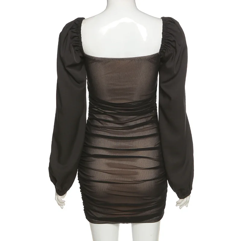 PDEP new arrival sexy low cut tight fitting nightclub dress for women long puff sleeve fancy slim hip mini dress for ladies