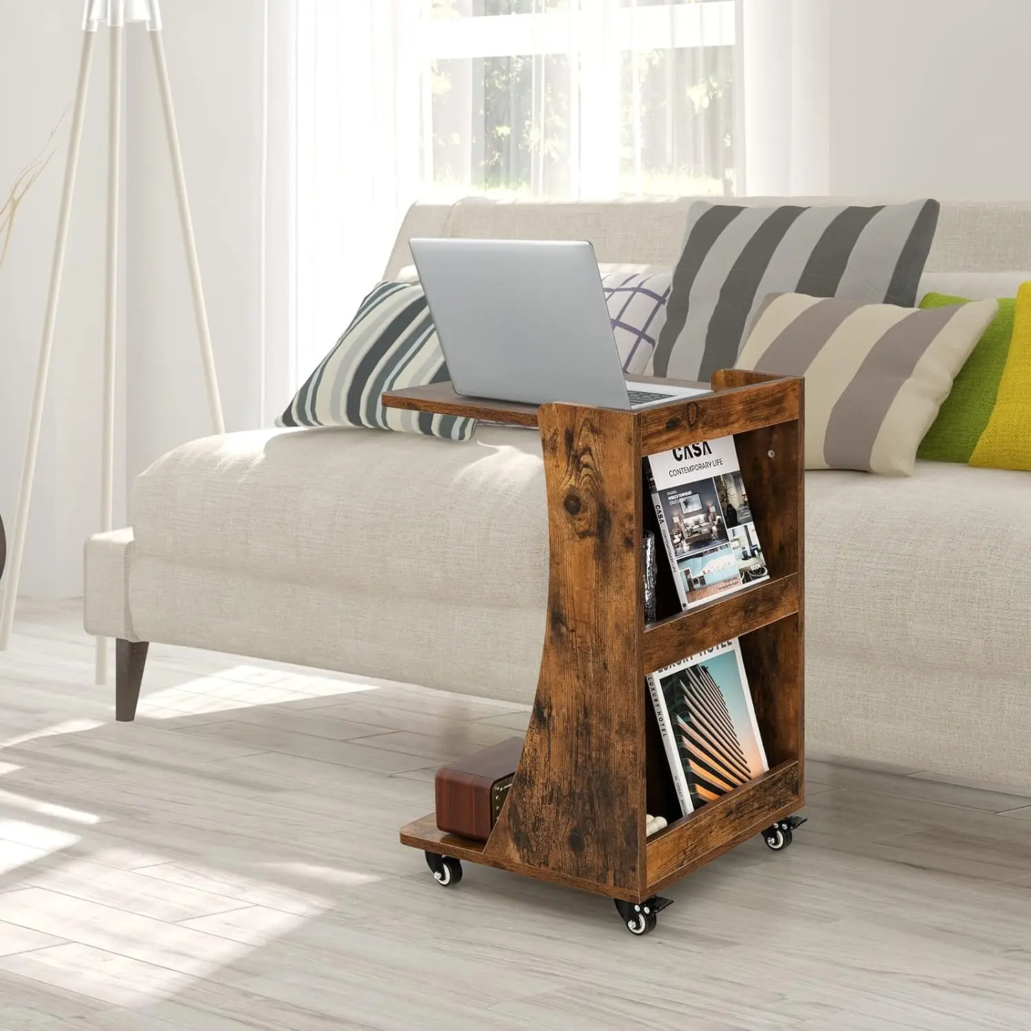 C-образный Настольный мобильный диван боковой стол с 2 задними отсеками для хранения поворотные ролики с тормозами