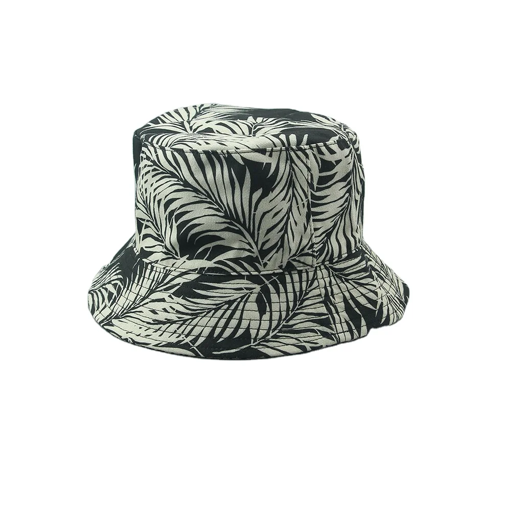Wholesale  Fashion Custom Logo Unisex Bucket Basin Cap Beach Hat Printed Tie dye Leaves Cotton Bucket Hat