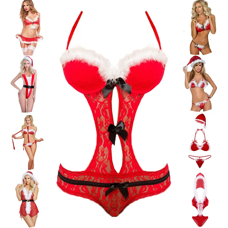 2023 New Christmas Day Sexy Lingerie Erotic Women White Feather Red Underwear Set See-Throught Lace Sensual Lingerie Sets