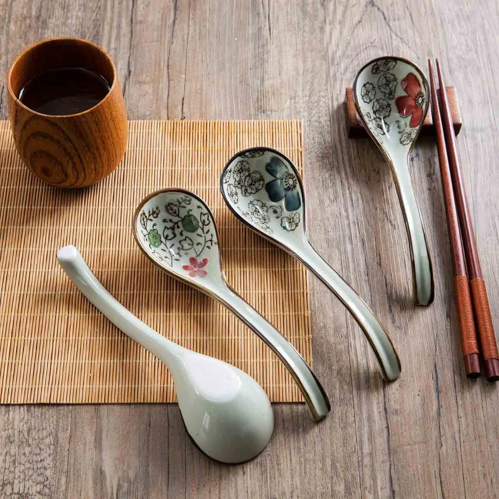 1Pc Ceramic Dinner Spoons Soup Spoon Tea Coffee Spoon Handle Dessert Candy Tableware Kitchen Cutlery Chinese Style