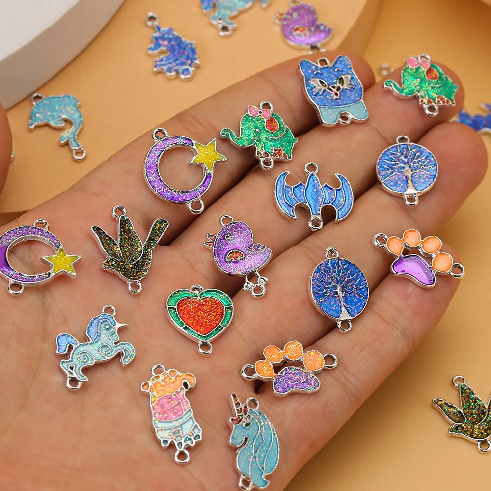 Mixed Animal Glitter Unicorn Elephant Alloy Enamel Charms For Necklace Jewelry Making Cat Pendant DIY Handmade Accessories