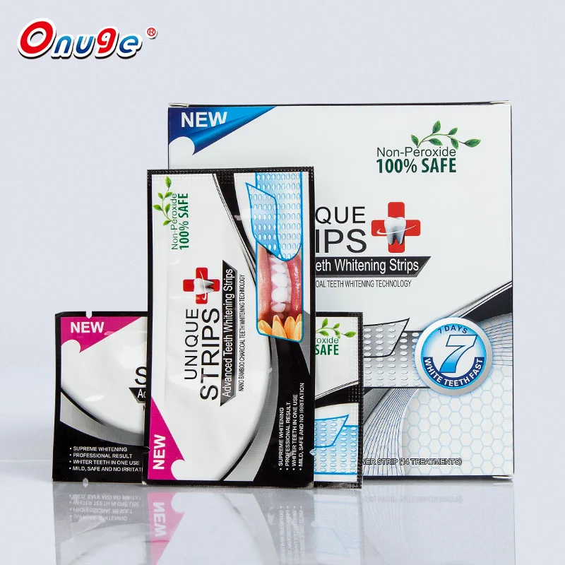 28 Pieces Dental White Onuge Tooth Cleaning Organic Bamboo Charcoal Bleaching Bright Teeth Whitening Strips Logo