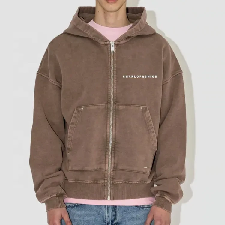 Wholesale vintage hoodies men high qualityBulk Oversized  French Terry Cotton Vintage Wash Blank Full Face Zip Up Hoodie Custom