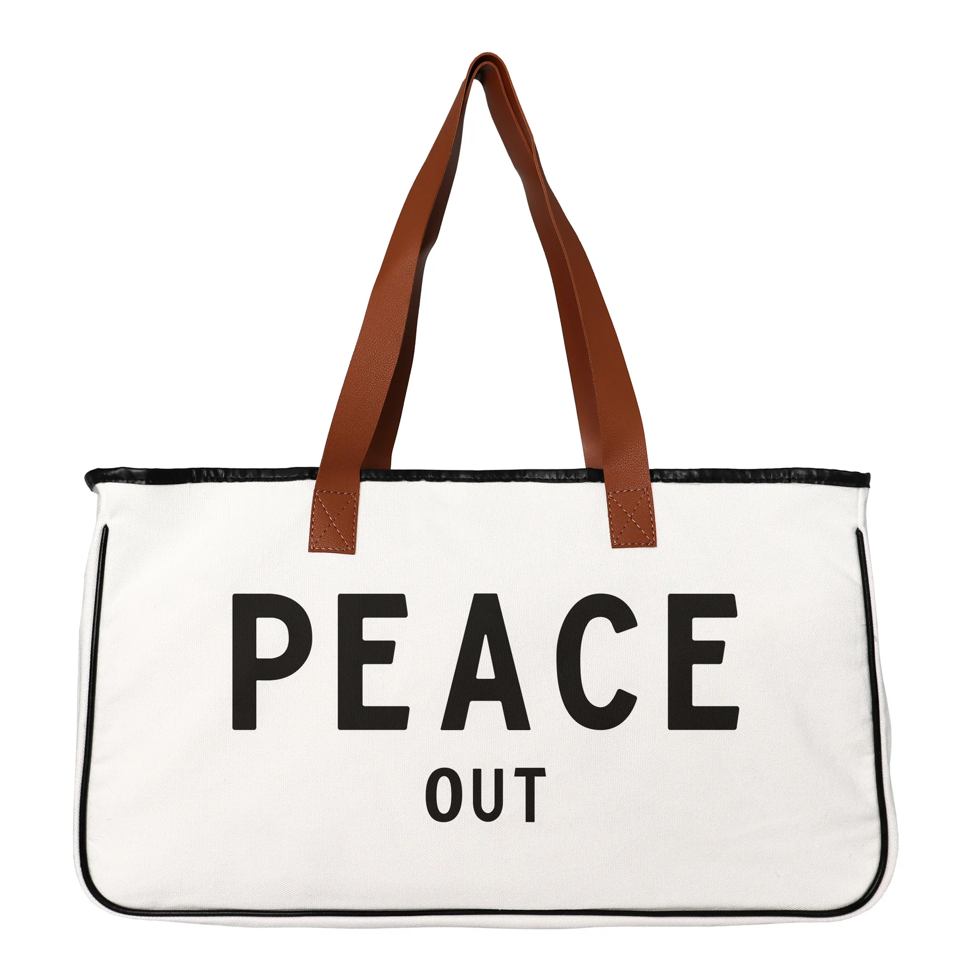 tote canvas Bag Hold Everything Collection Black and White 100% Cotton Canvas with Genuine Leather Handles, Large, Weekend Vibes
