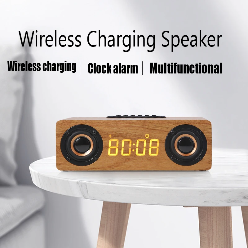 portable wooden wireless speaker K1 support TF card play quickly fast wireless charger led panel showing alarm clock FM AUX