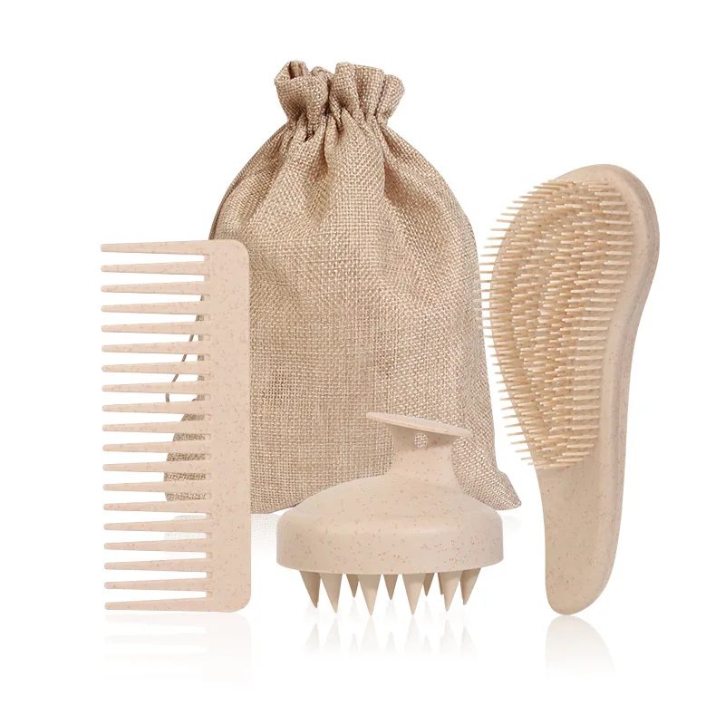 Private Logo Wheat Straw Detangling Brush Set Detangler Hair Brush with Wheat Straw Shampoo Brush Scalp Massager with Bag Pack