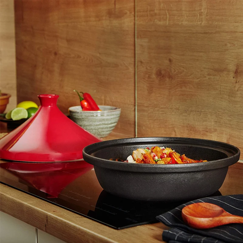 Красная чугунная Марокканская тагина, 4 кварты, эмалированная подставка и конусная керамическая крышка для выпечки, жарки, духовки, кухонные принадлежности