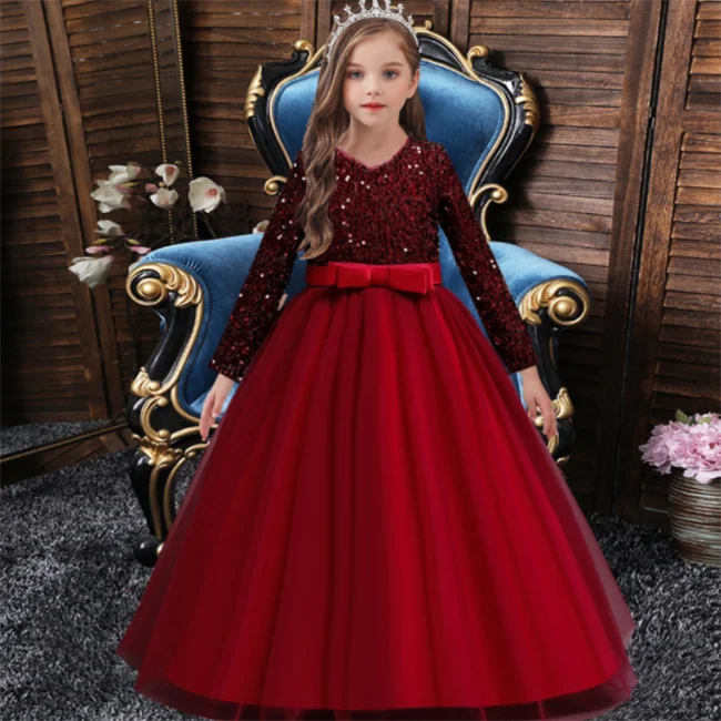 SE9688 New Sequin princess dress kid red wedding gown for dresses for girls of 10 year old long sleeve  girls party dress