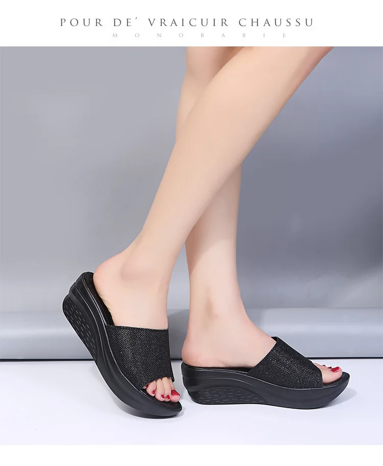 2022 Summer New Fashion Slippers For Women Sandals Thick Bottom Wedge Heel Sequins Womens Slippers