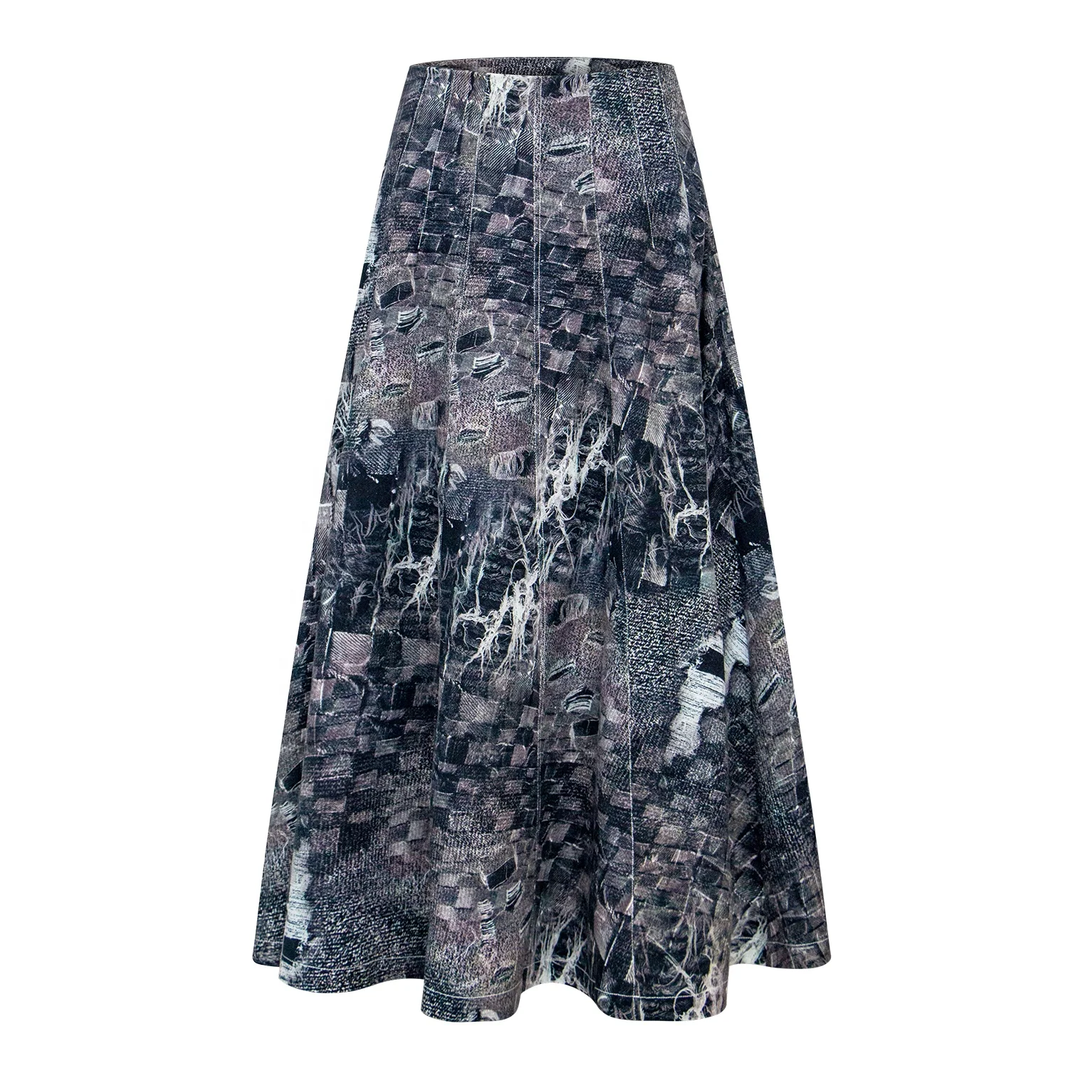 Custom Designer Clothing Manufacturer Ripped Stylish Y2k Maxi Denim Skirt Grace Print A-Line Long Denim Jean Skirt for Women