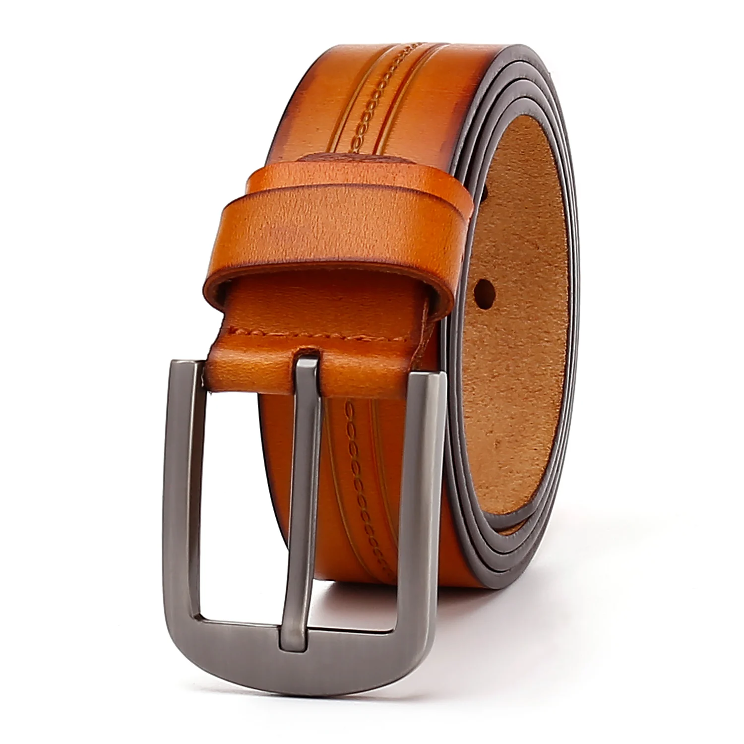 Customized Emboss Logo Factory Wholesale Leather Belt Comfortable Style Men Pin Buckle Genuine Cowhide Leather Belt