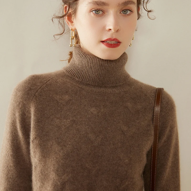 Autumn and Winter New 100% Cashmere Fabric Women Turtleneck Knit Sweater Solid Color Thick Sweater