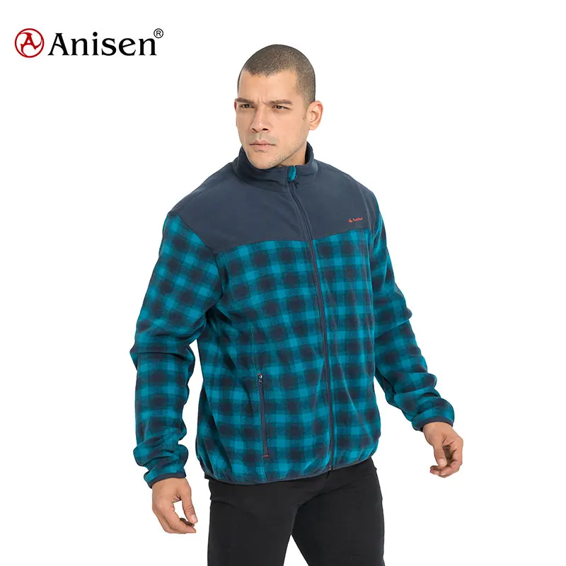 2021 chinese supplier winter warm polar fleece plaid jacket mens blue and black plaid stand collar custom fleece shirt jacket